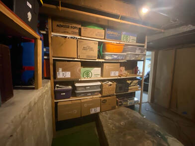 A snapshot picture of a neatly organized storage area in an unfinished basement.
