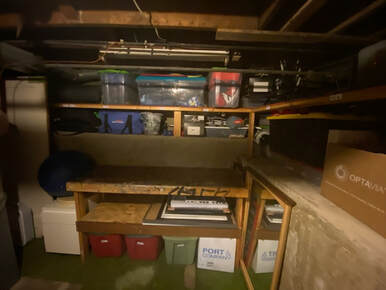 Picture of a neatly organized basement storage area where everything is neatly organized, displayed, and grouped on wooden shelves.